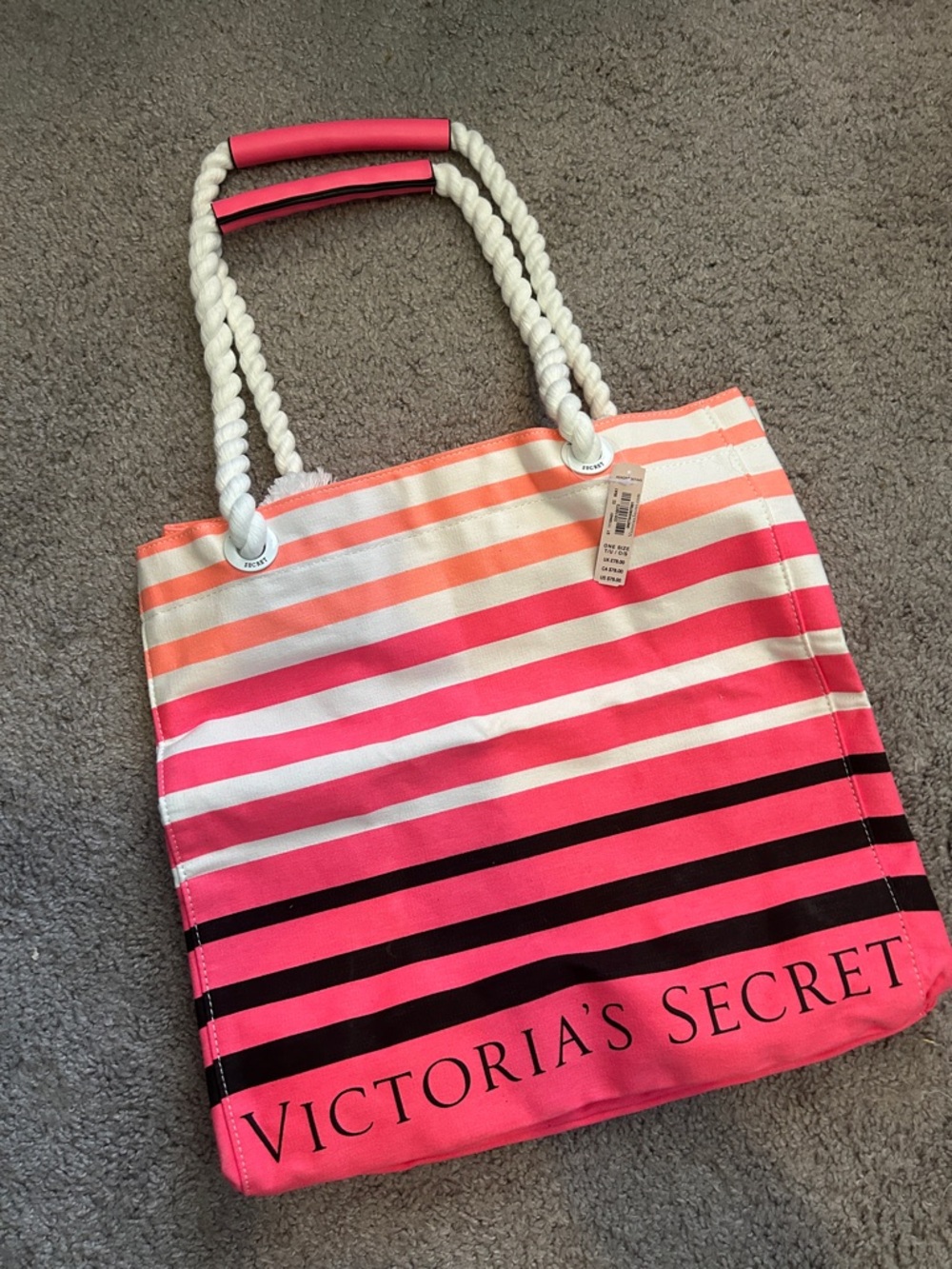 NWT $78 Victoria's Secret Pink and White Striped Canvas Tote - Picture 3 of 10